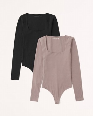 Abercrombie 2-pack Long-sleeve Cotton Seamless Fabric Squareneck Bodysuit Dam Svarta Grå Bruna | 9762-XIWLZ