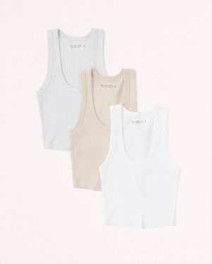 Abercrombie 3-pack Essential Scoopneck Linnen Dam Vita Bruna Grå | 6832-EGIMW