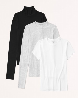 Abercrombie 3-pack Featherweight Rib Tuckable T-shirt Dam Svarta Grå Vita | 5423-MSNXC