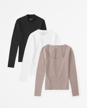 Abercrombie 3-pack Long-sleeve Cotton Seamless Fabrics T-shirt Dam Svarta Vita Grå Bruna | 0278-MDHKL