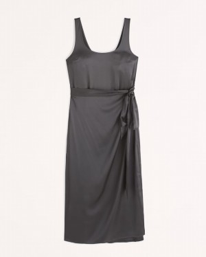 Abercrombie Belted Satin Slip Midi Klänning Dam Svarta | 8421-CVKOG