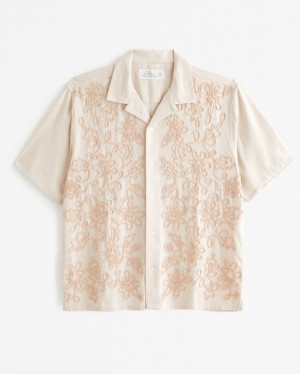 Abercrombie Camp Collar Summer Linen-blend Embroidered Skjorta Herr Grädde | 6358-JPYLM