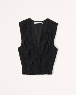 Abercrombie Crinkle Textured Plunge Linnen Dam Svarta | 3657-ATXUL