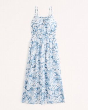 Abercrombie Crinkle Textured Smocked Waist Midi Klänning Dam Blå | 1743-QLUTP