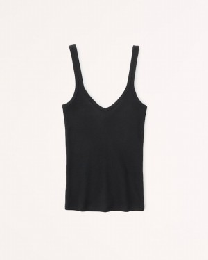 Abercrombie Essential Rib Tuckable V-neck Linnen Dam Svarta | 8709-SPHYO