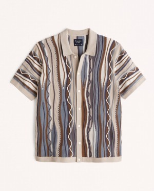 Abercrombie Jacquard Stripe Button-through Piketröja Herr LjusBruna | 7032-ZRMYC