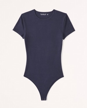 Abercrombie Korta-sleeve Cotton Seamless Fabric Crew Bodysuit Dam Marinblå | 4351-BDCMT