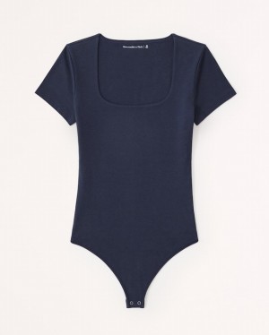 Abercrombie Korta-sleeve Cotton Seamless Fabric Squareneck Bodysuit Dam Marinblå | 9160-KHULD