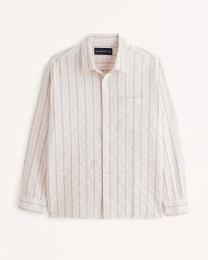 Abercrombie Linen-blend Button-up Skjorta Herr Grädde | 6084-KCMFV