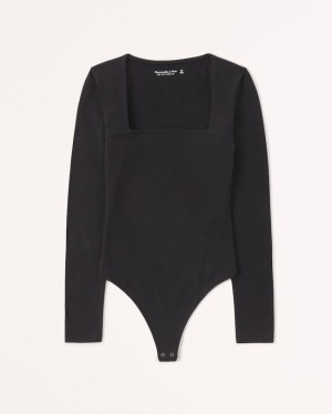 Abercrombie Long-sleeve Cotton Seamless Fabric Squareneck Bodysuit Dam Svarta | 2056-DHISY