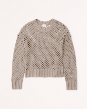 Abercrombie Long-sleeve Crochet Crew Skjorta Dam Bruna | 7264-RYQUC