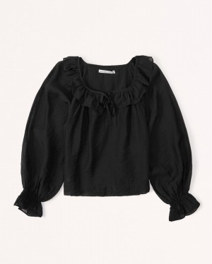 Abercrombie Long-sleeve Ruffle Collar Skjorta Dam Svarta | 0913-MQTBL