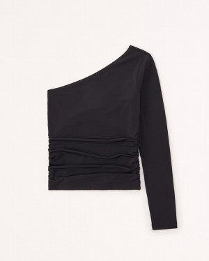 Abercrombie Long-sleeve Slinky Asymmetrical Ruched Skjorta Dam Svarta | 5706-JEPOV