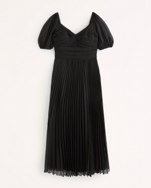 Abercrombie Puff Sleeve Pleated Midi Klänning Dam Svarta | 4618-ZRMNU