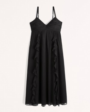 Abercrombie Ruffle Babydoll Maxi Klänning Dam Svarta | 7142-BJICW