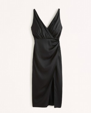 Abercrombie Satin Draped Wrap Midi Klänning Dam Svarta | 1725-MNVXR