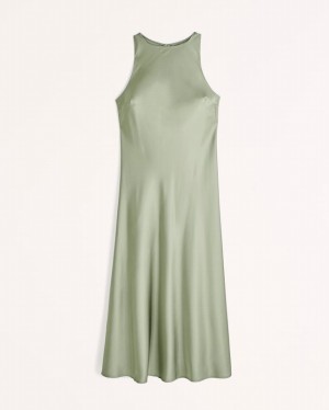 Abercrombie Satin High-neck Midi Klänning Dam Gröna | 3520-ULITX