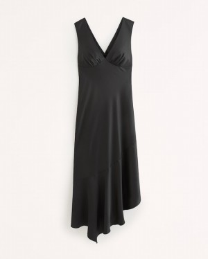 Abercrombie Satin Slip Asymmetrical Midi Klänning Dam Svarta | 6892-SKHDY