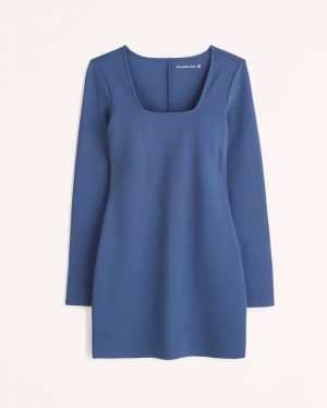 Abercrombie Split-cuff Ponte Squareneck Mini Klänning Dam Blå | 7109-RHODL