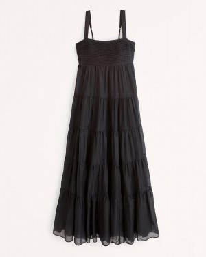 Abercrombie Tiered Ruched Babydoll Maxi Klänning Dam Svarta | 4302-WKBAU