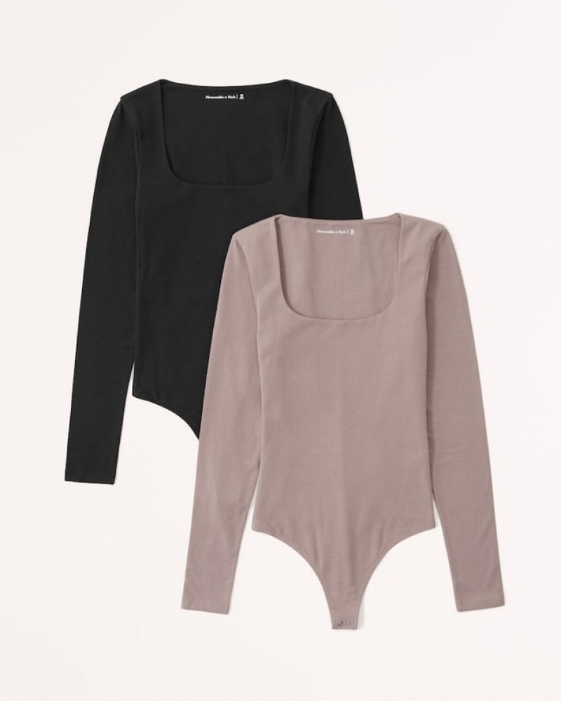 Abercrombie 2-pack Long-sleeve Cotton Seamless Fabric Squareneck Bodysuit Dam Svarta Grå Bruna  | 9762-XIWLZ