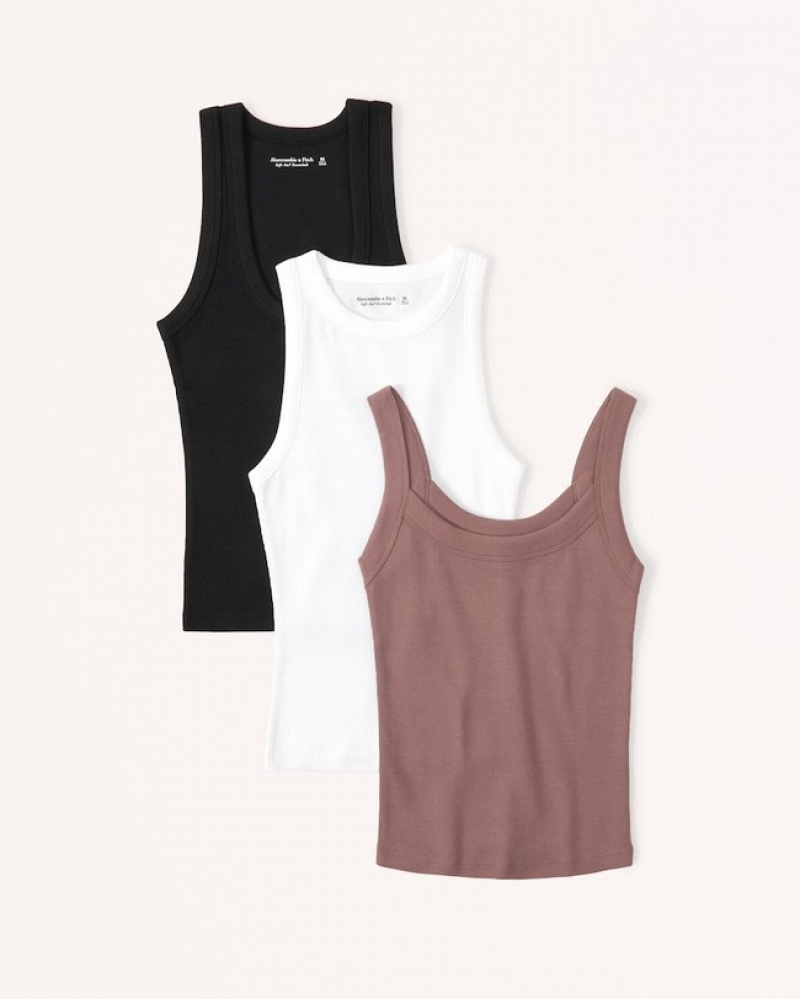 Abercrombie 3-pack Essential Rib Tuckable T-shirt Dam Vita Svarta Bruna  | 7609-CHUWE