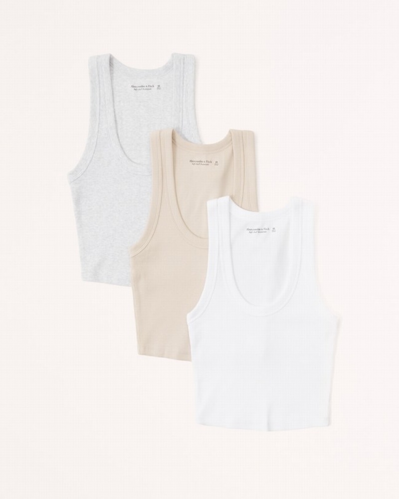 Abercrombie 3-pack Essential Scoopneck Linnen Dam Vita Bruna Grå  | 6832-EGIMW