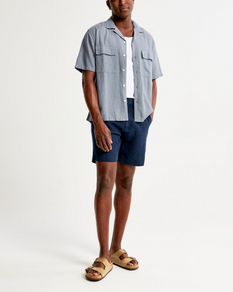 Abercrombie 8 Inch Linen Fixed Waist Shorts Herr Marinblå Blå  | 4178-WOTQJ