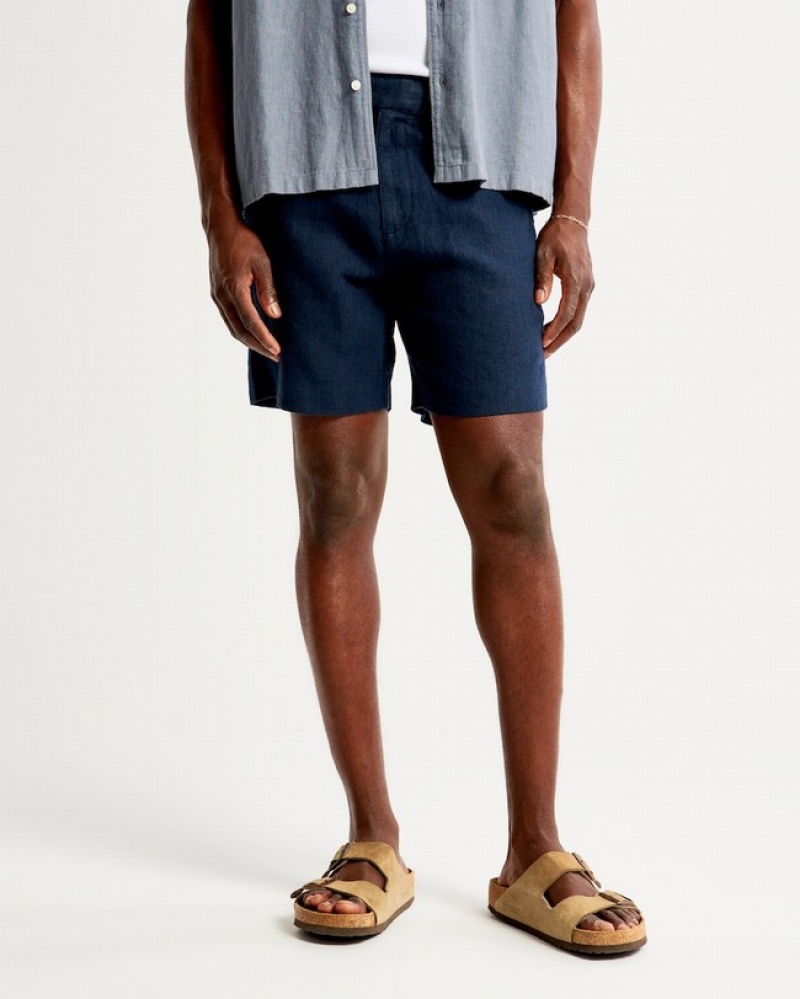 Abercrombie 8 Inch Linen Fixed Waist Shorts Herr Marinblå Blå  | 4178-WOTQJ