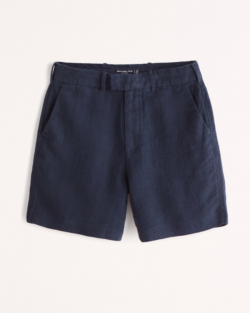 Abercrombie 8 Inch Linen Fixed Waist Shorts Herr Marinblå Blå  | 4178-WOTQJ