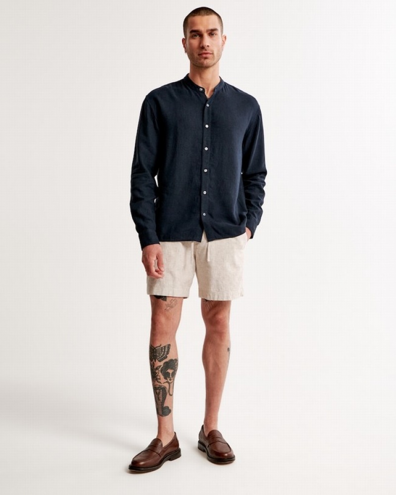 Abercrombie Banded Collar Summer Linen-blend Skjorta Herr Marinblå Blå  | 3860-VLUNE