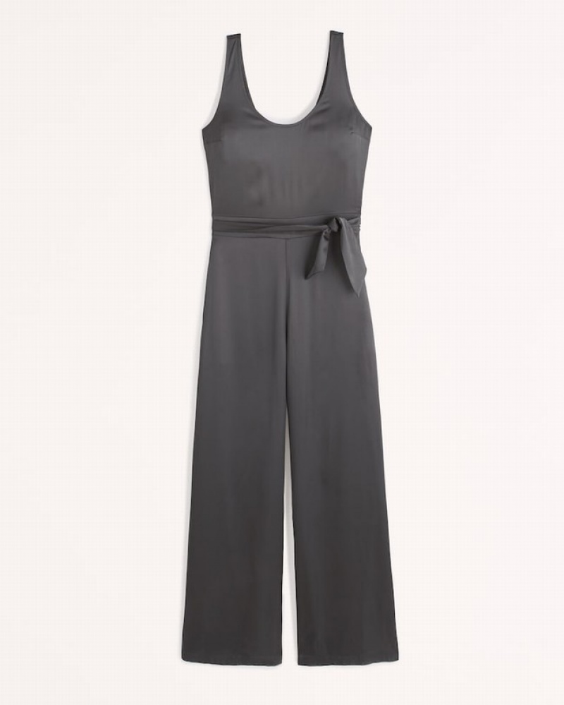 Abercrombie Belted Satin Jumpsuit Dam Svarta  | 5983-ZYLQM