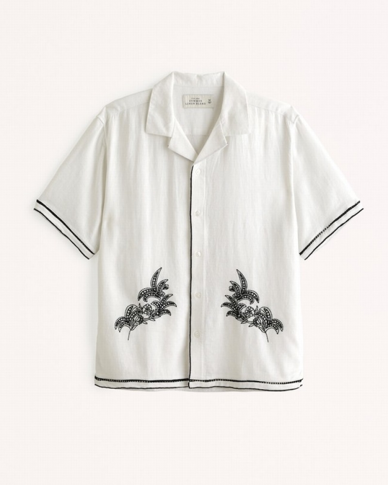 Abercrombie Camp Collar Summer Linen-blend Embroidered Skjorta Herr Vita  | 3561-SXGLE