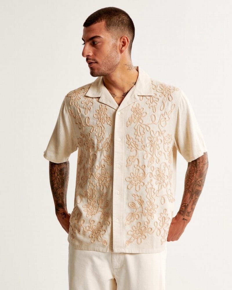 Abercrombie Camp Collar Summer Linen-blend Embroidered Skjorta Herr Grädde  | 6358-JPYLM