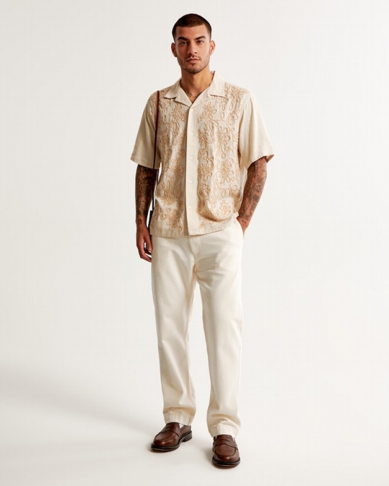 Abercrombie Camp Collar Summer Linen-blend Embroidered Skjorta Herr Grädde  | 6358-JPYLM