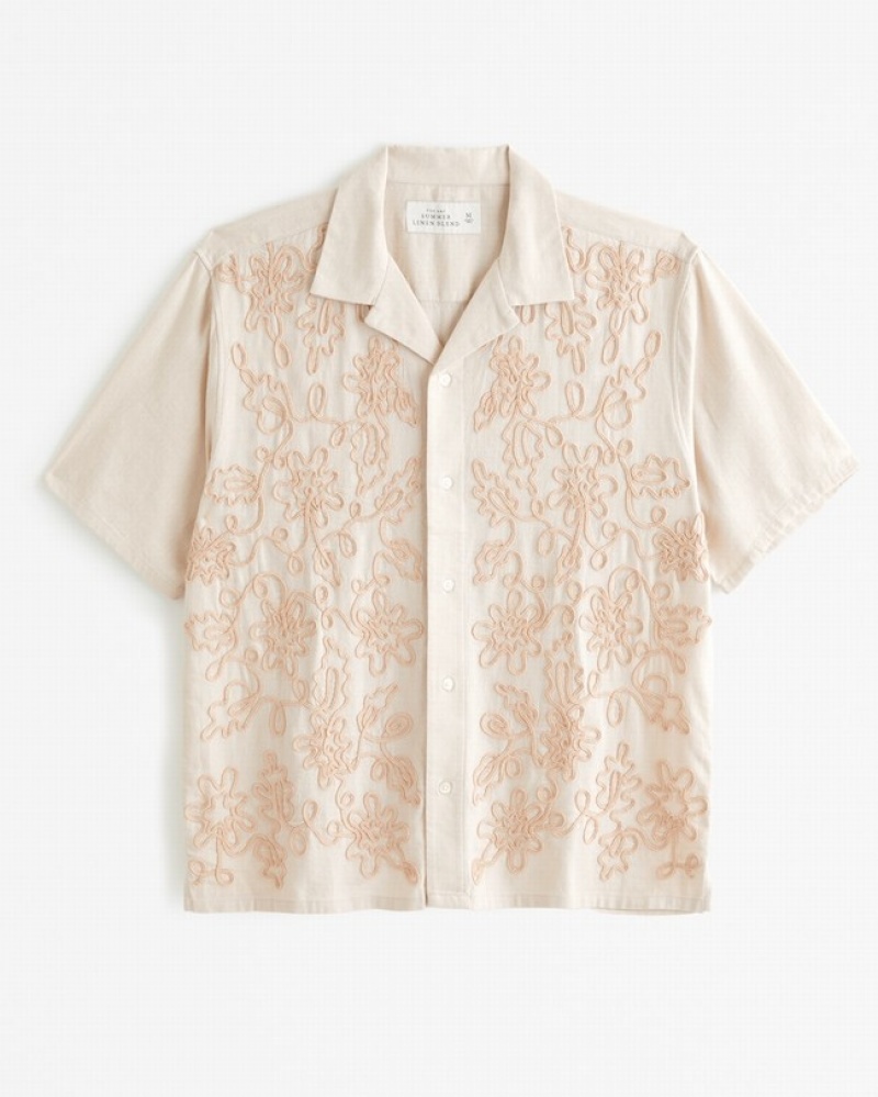 Abercrombie Camp Collar Summer Linen-blend Embroidered Skjorta Herr Grädde  | 6358-JPYLM