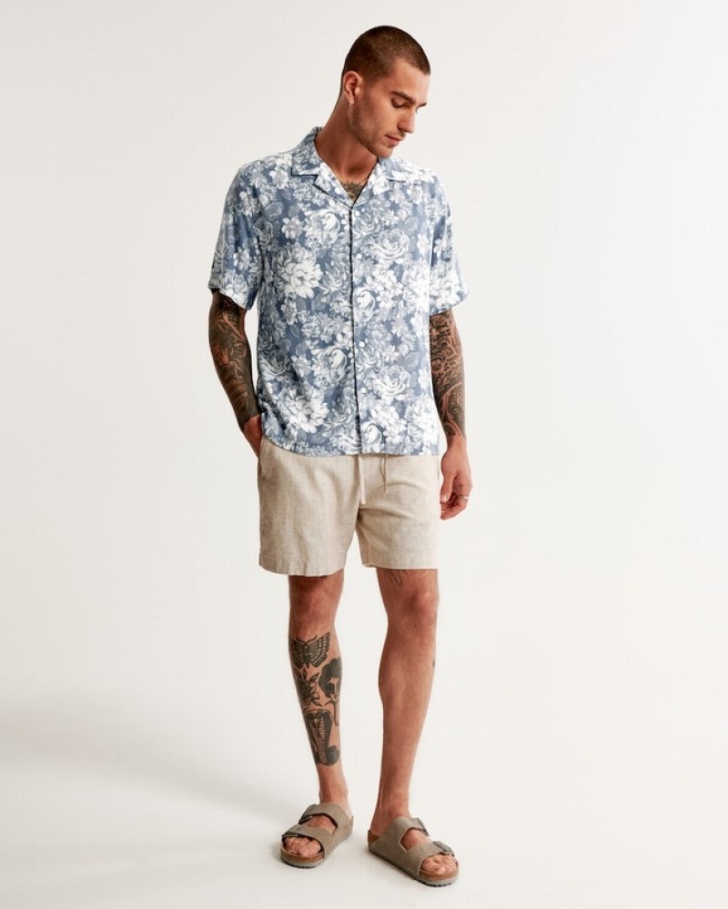 Abercrombie Camp Collar Summer Linen-blend Skjorta Herr Blå  | 2870-DIXCE