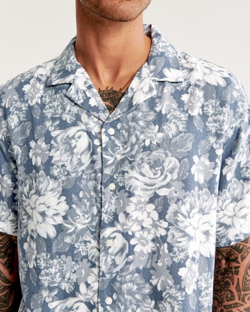 Abercrombie Camp Collar Summer Linen-blend Skjorta Herr Blå  | 2870-DIXCE