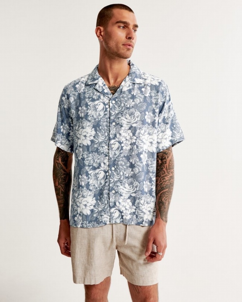 Abercrombie Camp Collar Summer Linen-blend Skjorta Herr Blå  | 2870-DIXCE