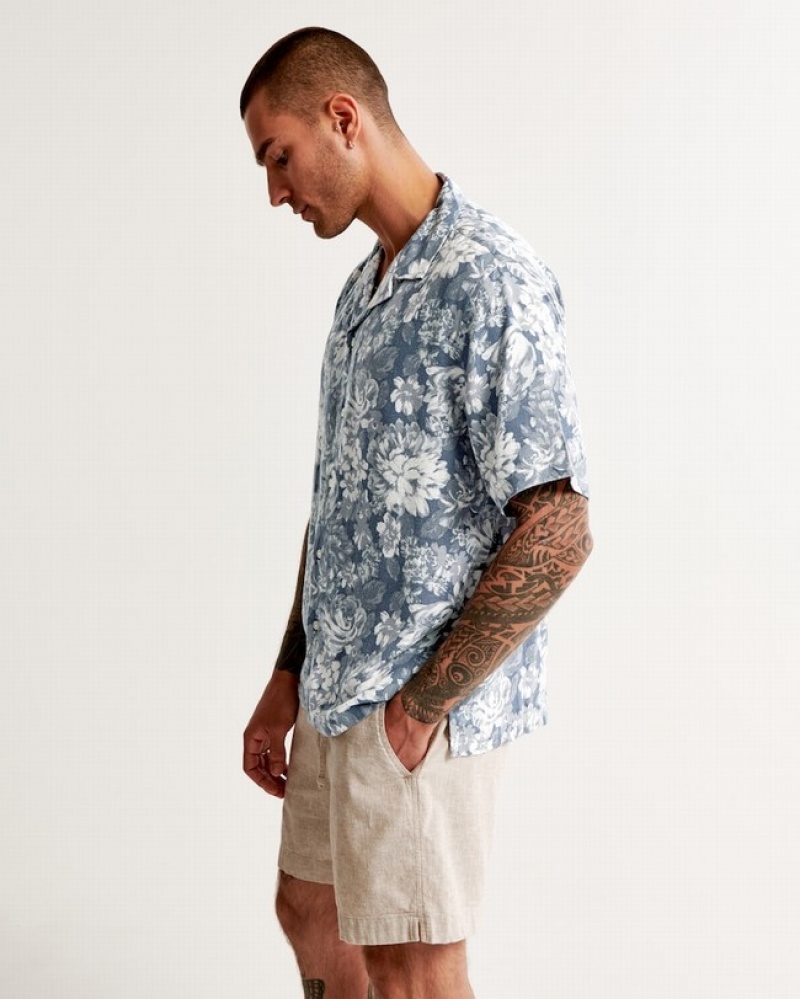 Abercrombie Camp Collar Summer Linen-blend Skjorta Herr Blå  | 2870-DIXCE