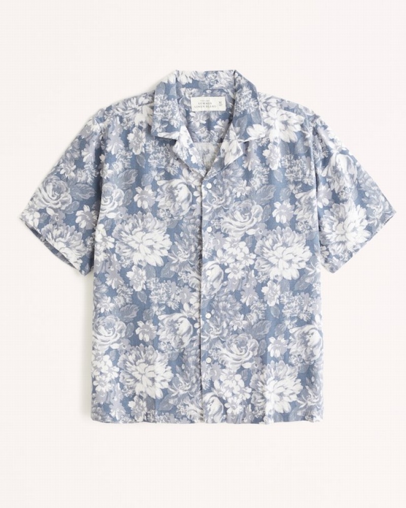 Abercrombie Camp Collar Summer Linen-blend Skjorta Herr Blå  | 2870-DIXCE