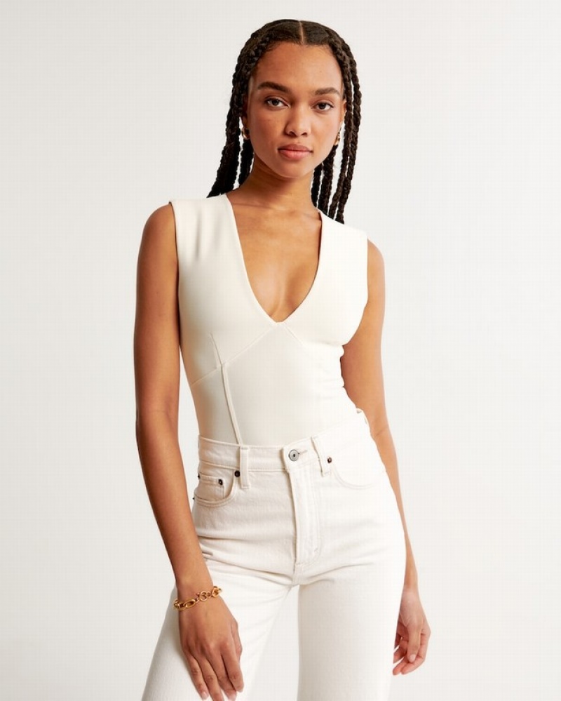 Abercrombie Crepe Plunge Bodysuit Dam Grädde  | 0951-AZGVP