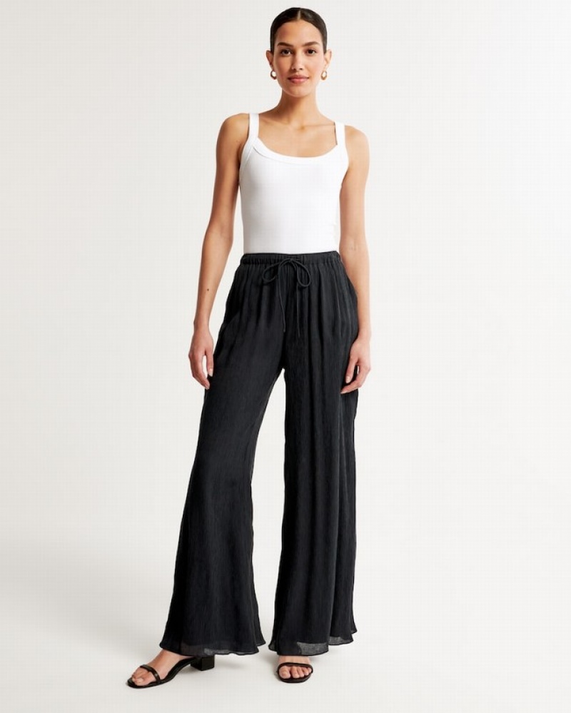 Abercrombie Crinkle Textured Pull-on Wide Leg Byxor Dam Svarta  | 0319-PQRJA