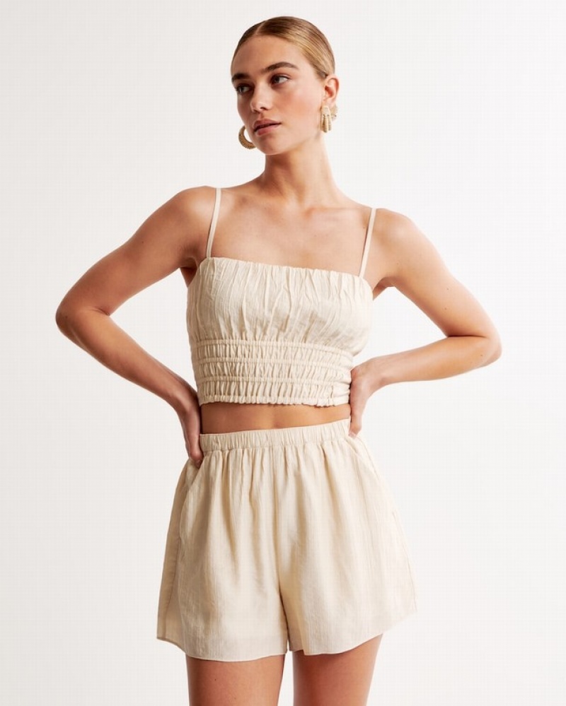 Abercrombie Crinkle Textured Ruched Linnen Dam Grädde  | 7145-IPZSU