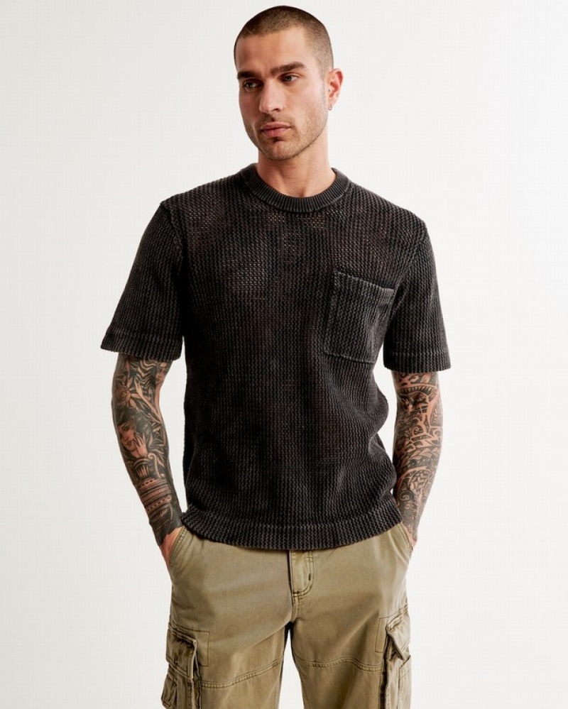 Abercrombie Crochet Knit T-shirt Herr Svarta  | 9680-TUIXC