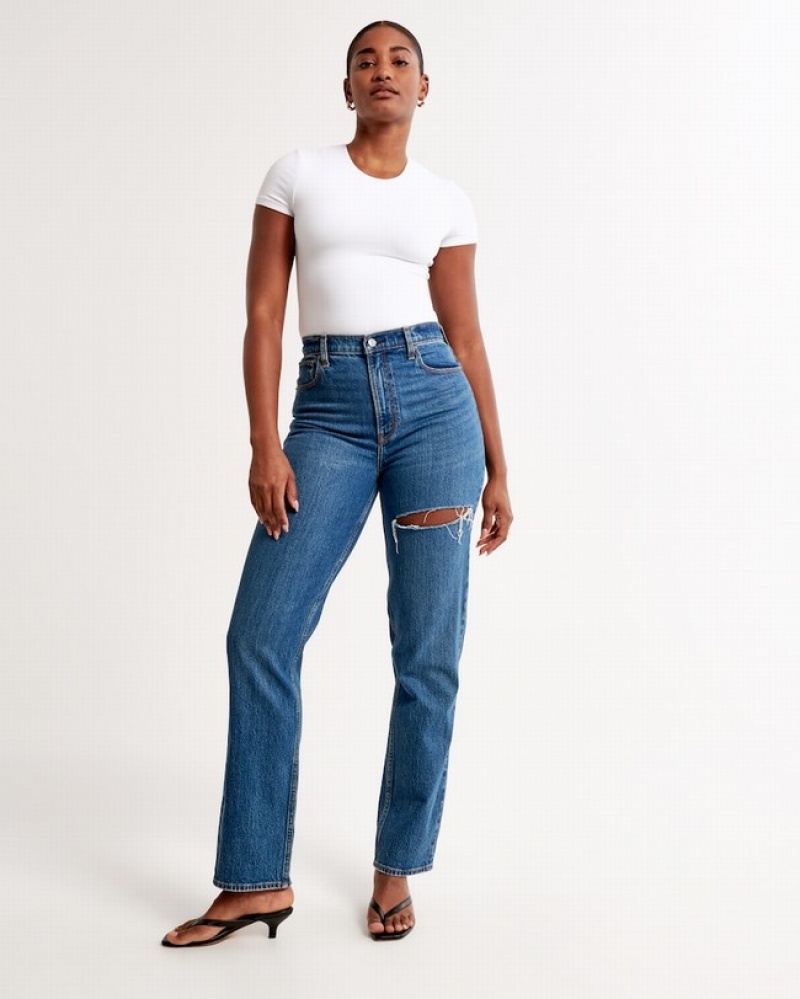 Abercrombie Curve Love Ultra High Rise 90s Straight Jeans Dam Blå  | 8625-CDHLX