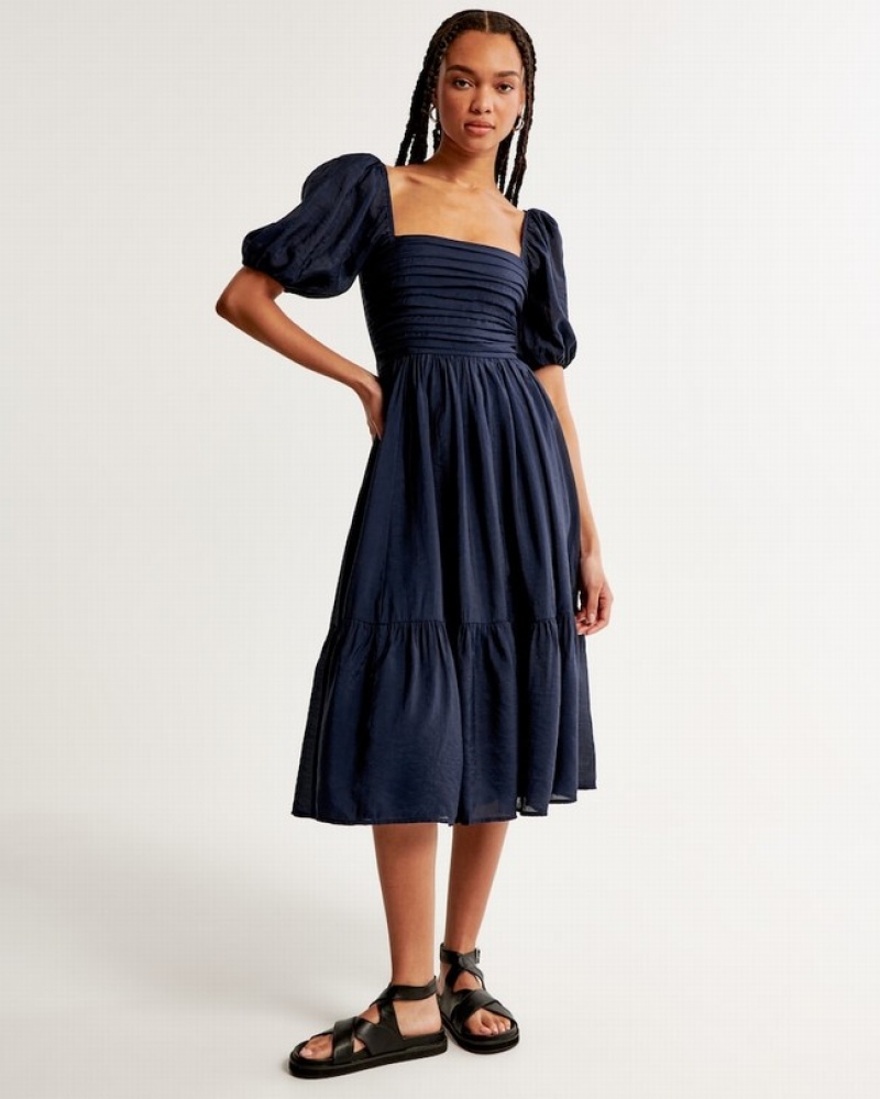 Abercrombie Emerson Floaty Puff Sleeve Midi Klänning Dam Marinblå  | 1546-OFJNU