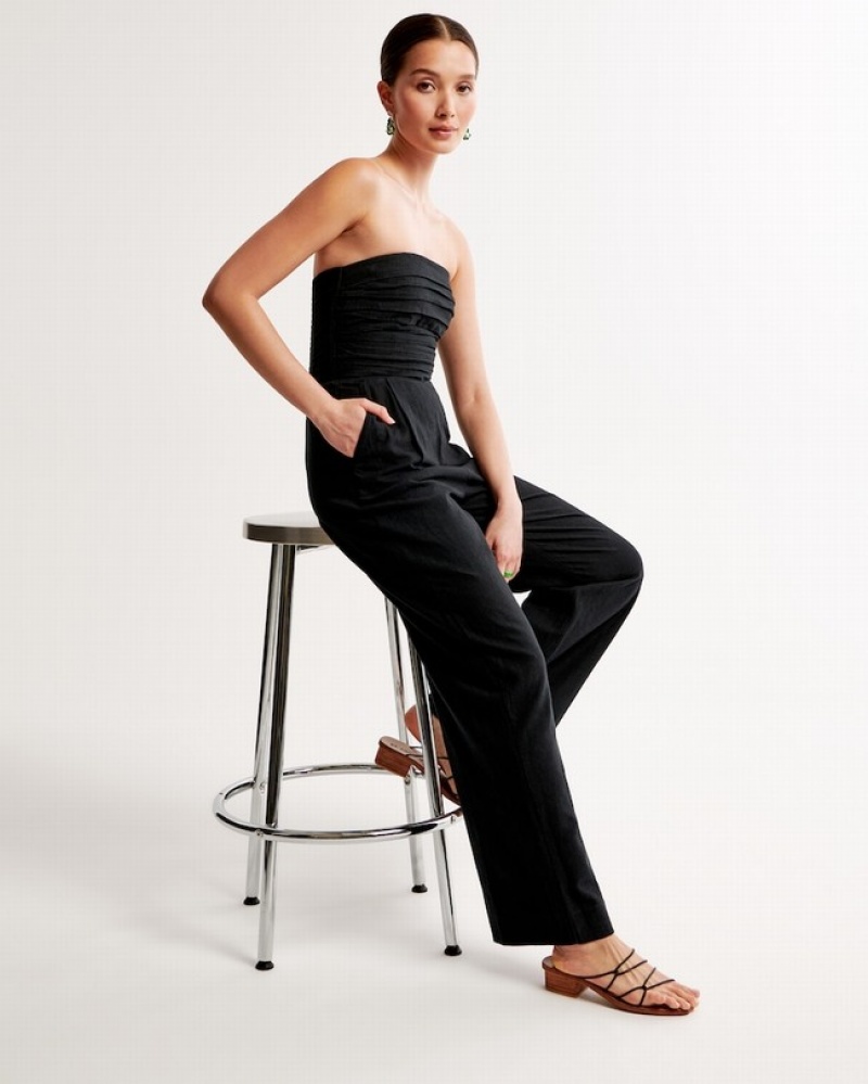 Abercrombie Emerson Ruched Strapless Jumpsuit Dam Svarta  | 5723-SHZPO