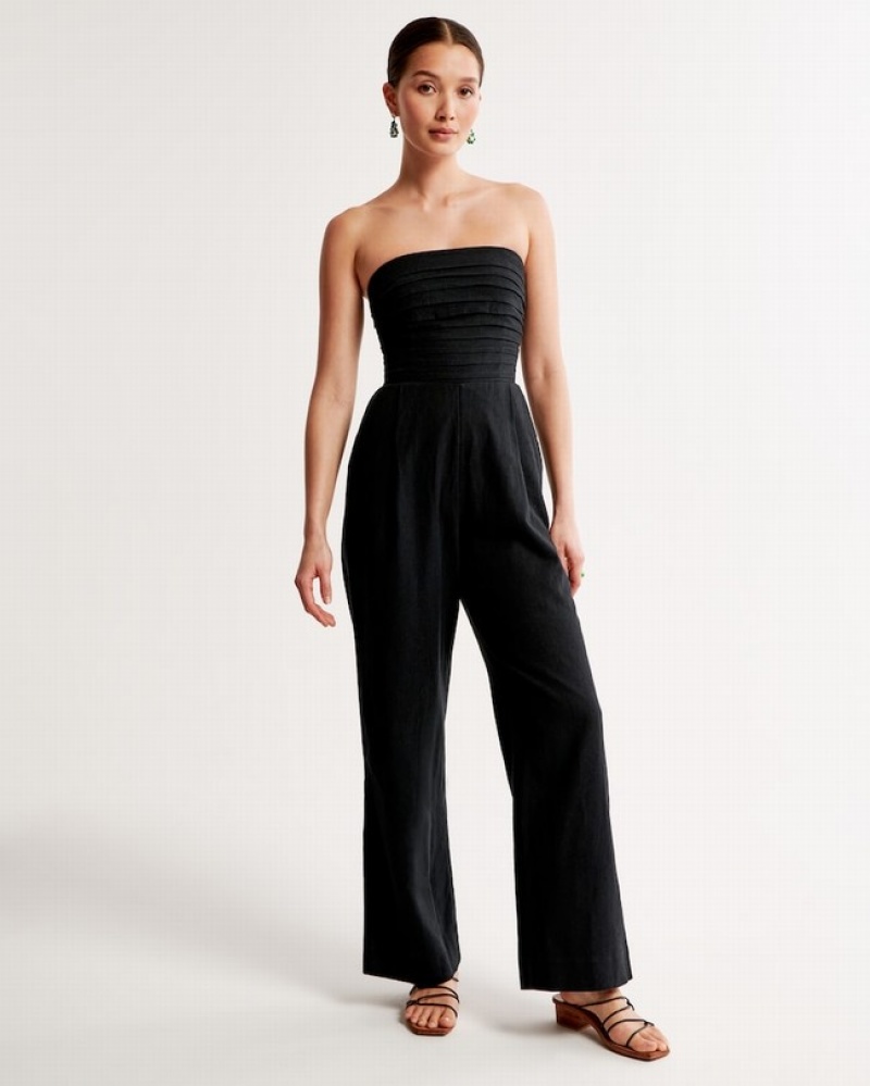 Abercrombie Emerson Ruched Strapless Jumpsuit Dam Svarta  | 5723-SHZPO