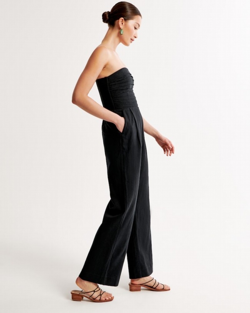 Abercrombie Emerson Ruched Strapless Jumpsuit Dam Svarta  | 5723-SHZPO